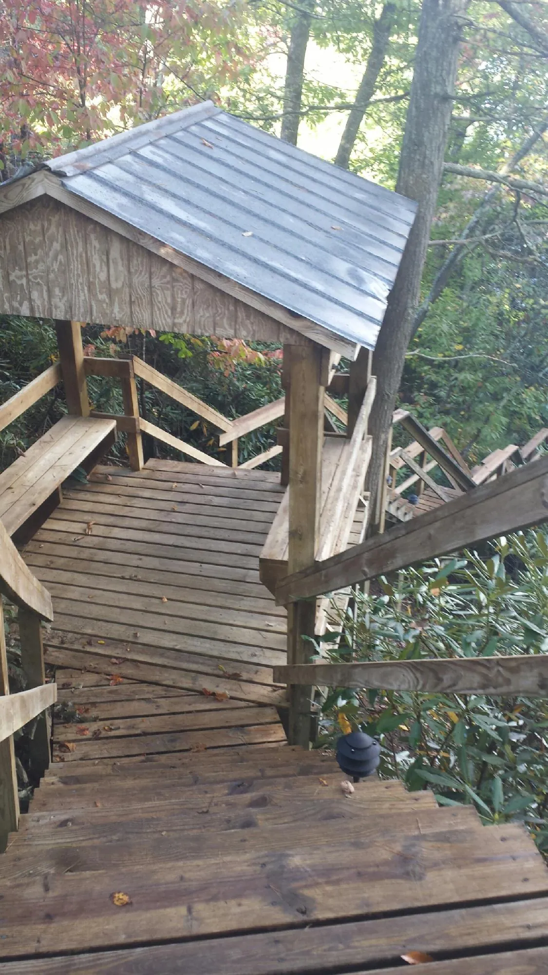 Metal roofed shelter over wooden steps on a wooded walkway — Skylight Repair & Installation work by our crew in La Marque